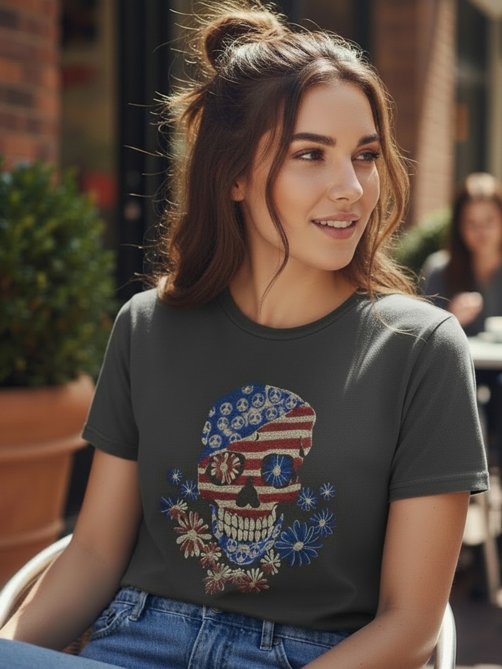 Lucky Brand Patriotic Skull Peace Sign Embroidered T-Shirt